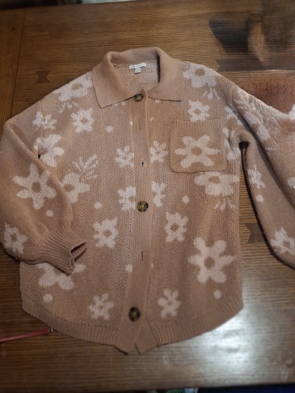 Cato Floral Knit Button-Front Cardigan in Dusty Rose and Cream